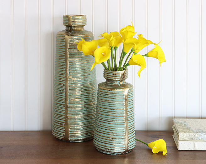 Set Of 2 Cast Gold and Green Vases- Cleared