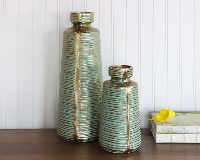 Set Of 2 Cast Gold and Green Vases- Cleared