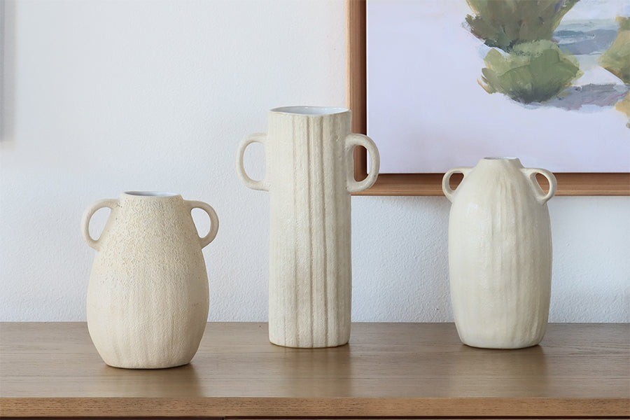 Set of 3 Eggshell White Textured Vases - Cleared