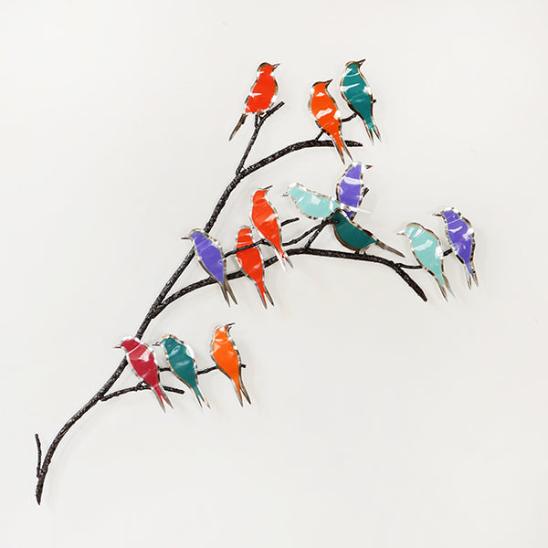 Multicolored Steel Birds on a Branch - Cleared
