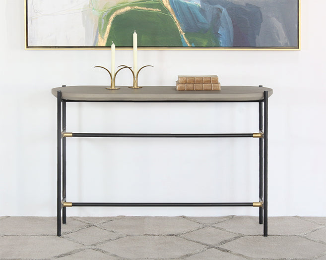 CS232 - Iron Console Table W/Brass Accents & Concrete Top