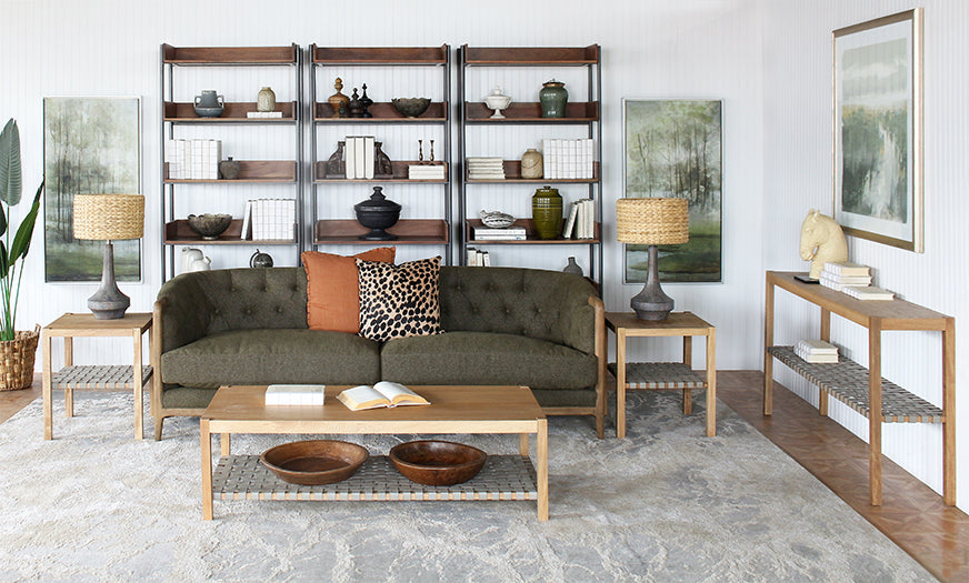 Natural Wood Console With Grey Woven Leather Shelf