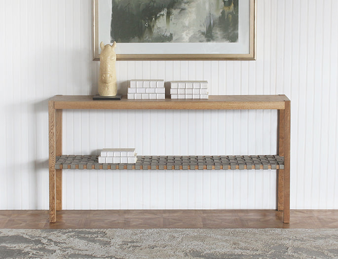 Natural Wood Console With Grey Woven Leather Shelf