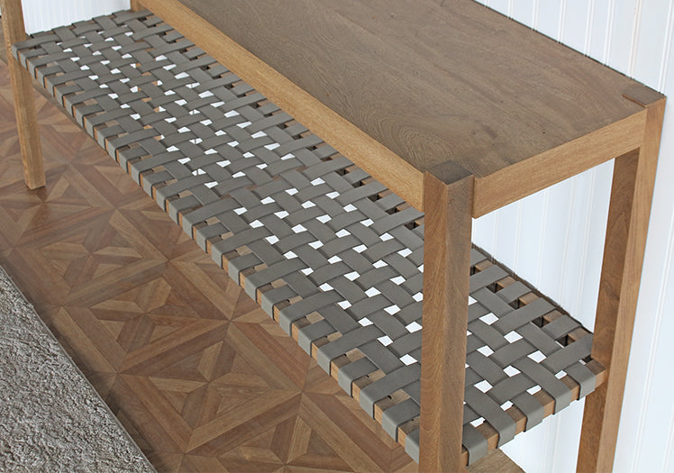 Natural Wood Console With Grey Woven Leather Shelf