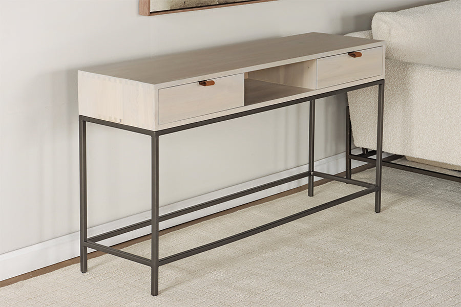 Light Poplar 2 Drawer Console with Leather Pulls