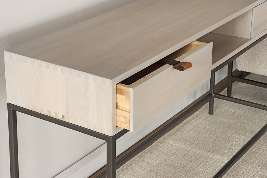 Light Poplar 2 Drawer Console with Leather Pulls
