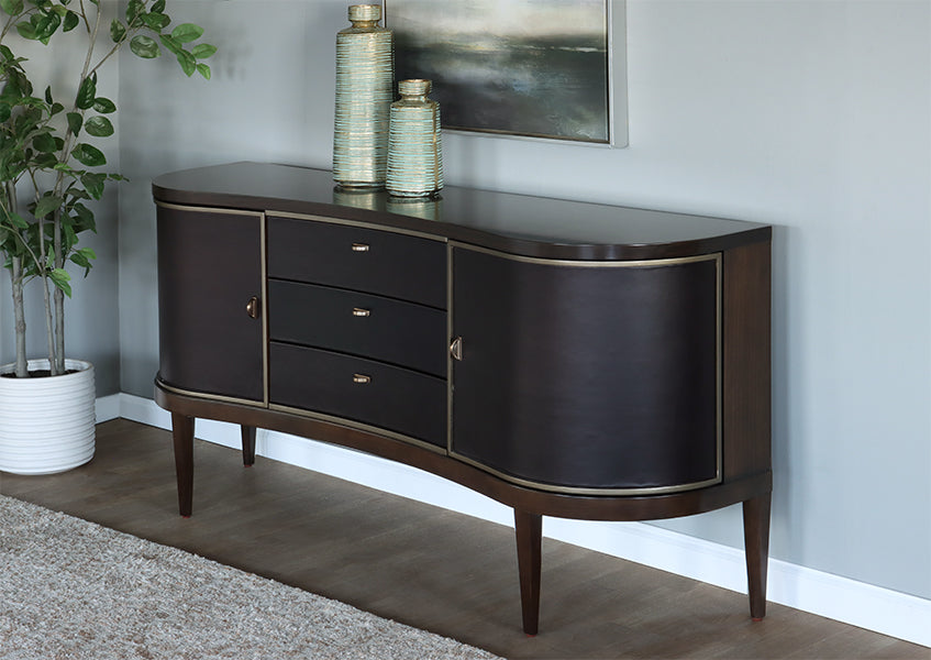 Dark Eucalyptus Wood Curved Console w/ Bronze Trim