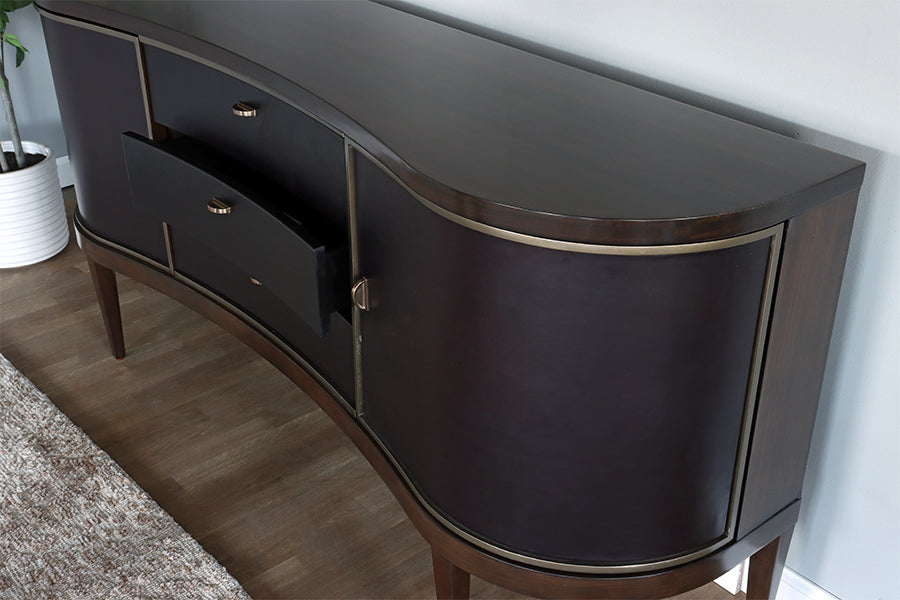 Dark Eucalyptus Wood Curved Console w/ Bronze Trim