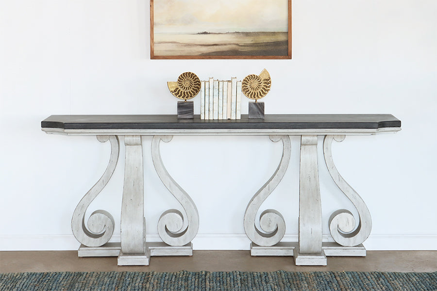 Off White French Provincial Console w/ Charcoal Top