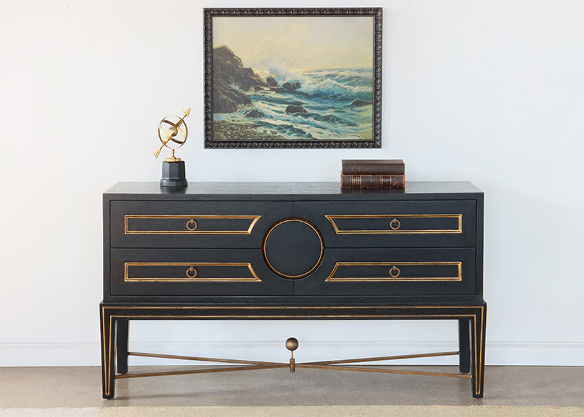 Black with Gold Inlay Credenza on Stretcher Base