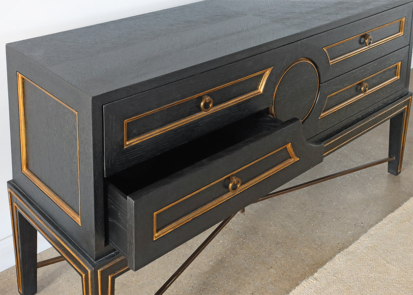 Black with Gold Inlay Credenza on Stretcher Base