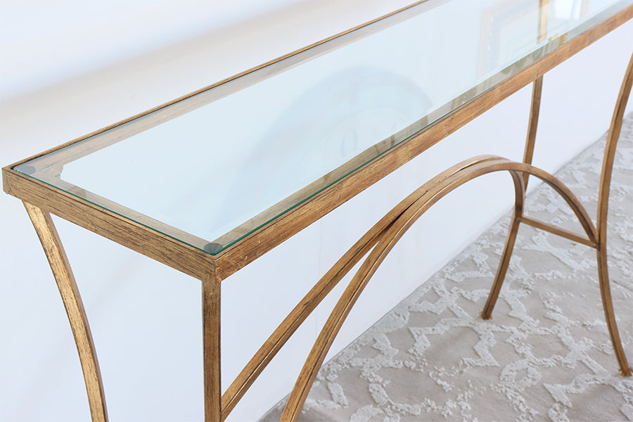 Gold Leaf Console with Arched Base and Glass Top - Cleared
