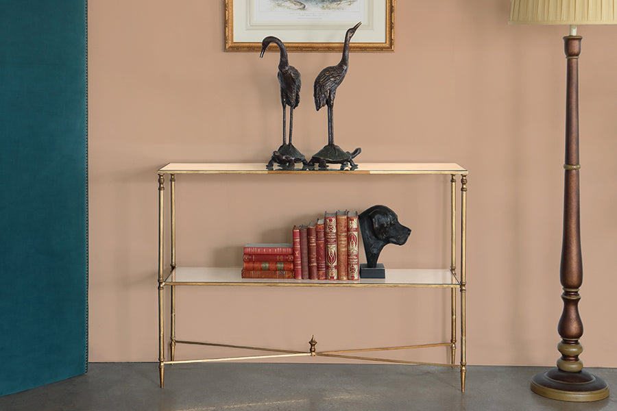 Gold Leaf Console with Mirror Top and Stretcher - Cleared