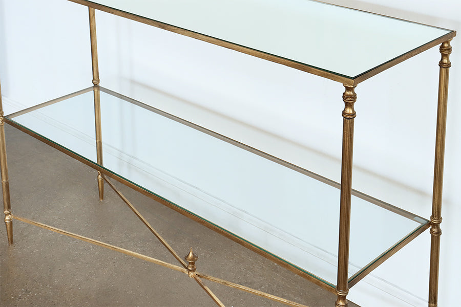 Gold Leaf Console with Mirror Top and Stretcher - Cleared