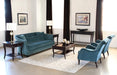 SF38 Curved Peacock Velvet Sofa with Tufted Back and Toss Pillows