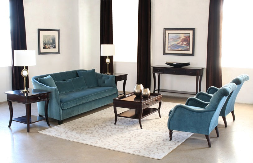 SF38 Curved Peacock Velvet Sofa with Tufted Back and Toss Pillows