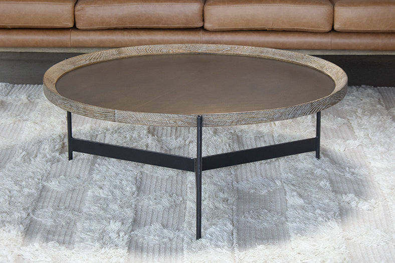 Round Seared Oak Coffee Table with Black Iron Base