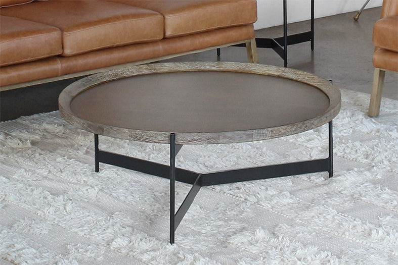 Round Seared Oak Coffee Table with Black Iron Base