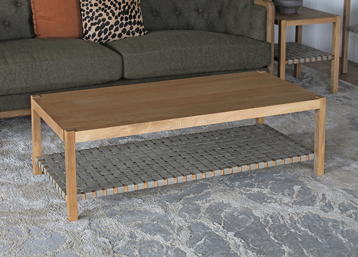 Natural Wood Coffee Table Woven Grey Leather Shelf