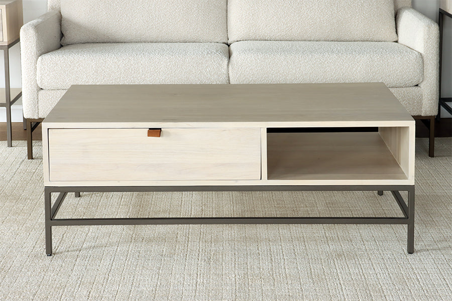 Light Poplar 1 Drawer Coffee Table w/ Leather Pull