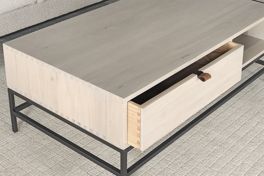 Light Poplar 1 Drawer Coffee Table w/ Leather Pull