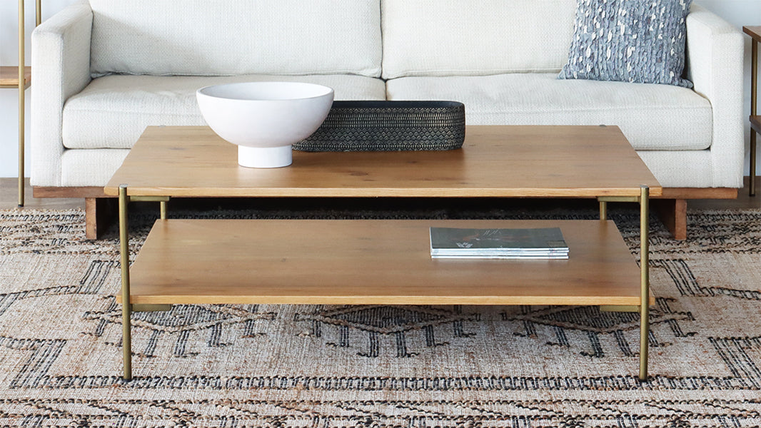 Natural Oak Coffee Table with Antique Brass Base