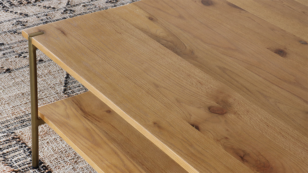Natural Oak Coffee Table with Antique Brass Base