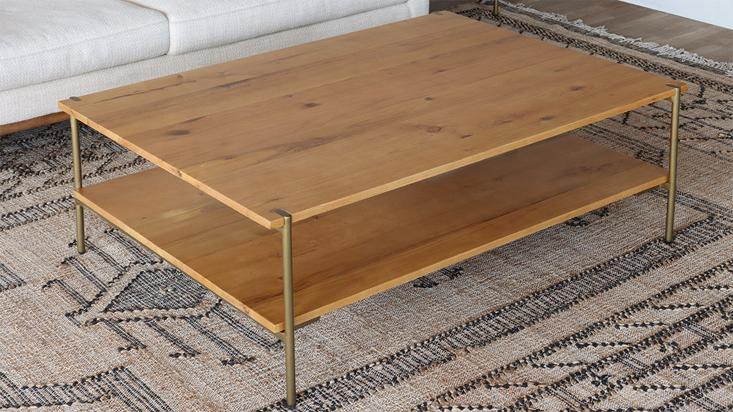 Natural Oak Coffee Table with Antique Brass Base