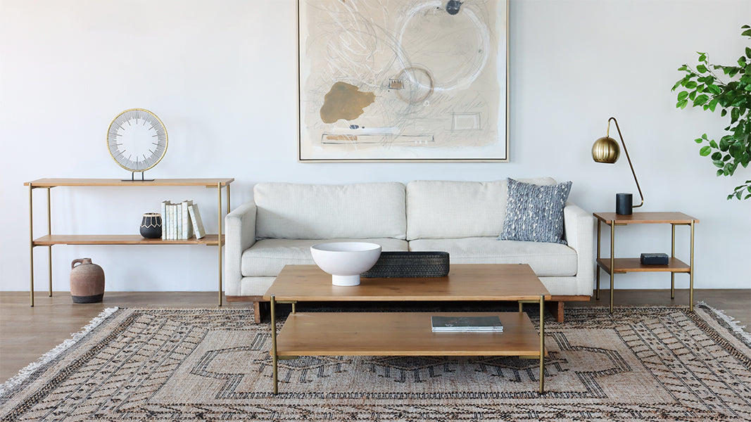 Natural Oak Coffee Table with Antique Brass Base