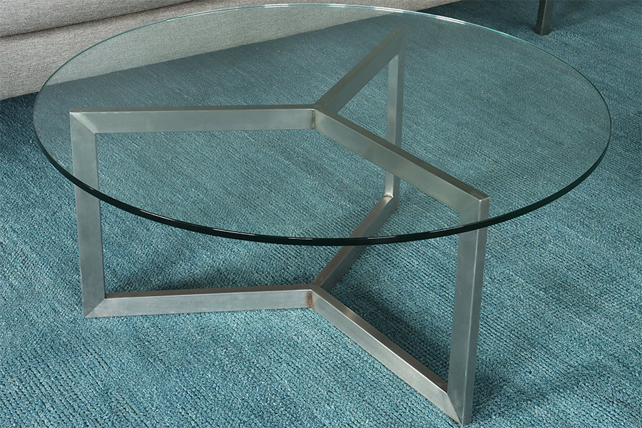 Round Glass Top Coffee Table w/ Angled Steel Base