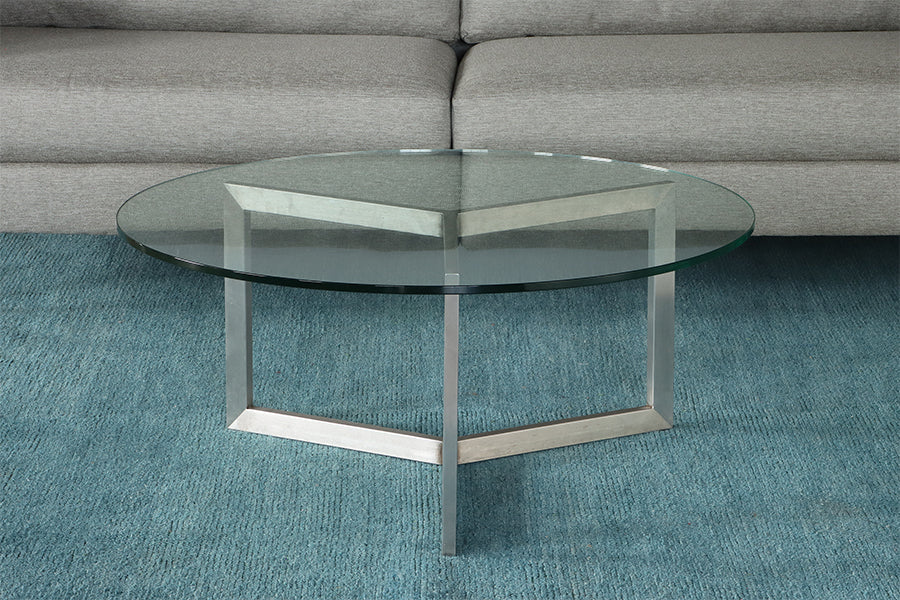 Round Glass Top Coffee Table w/ Angled Steel Base