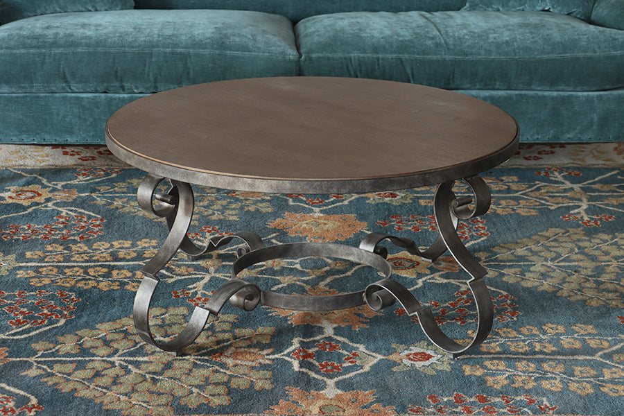 Scrolled Steel and Rustic Taupe Wood Coffee Table