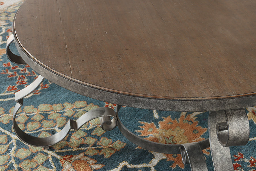 Scrolled Steel and Rustic Taupe Wood Coffee Table