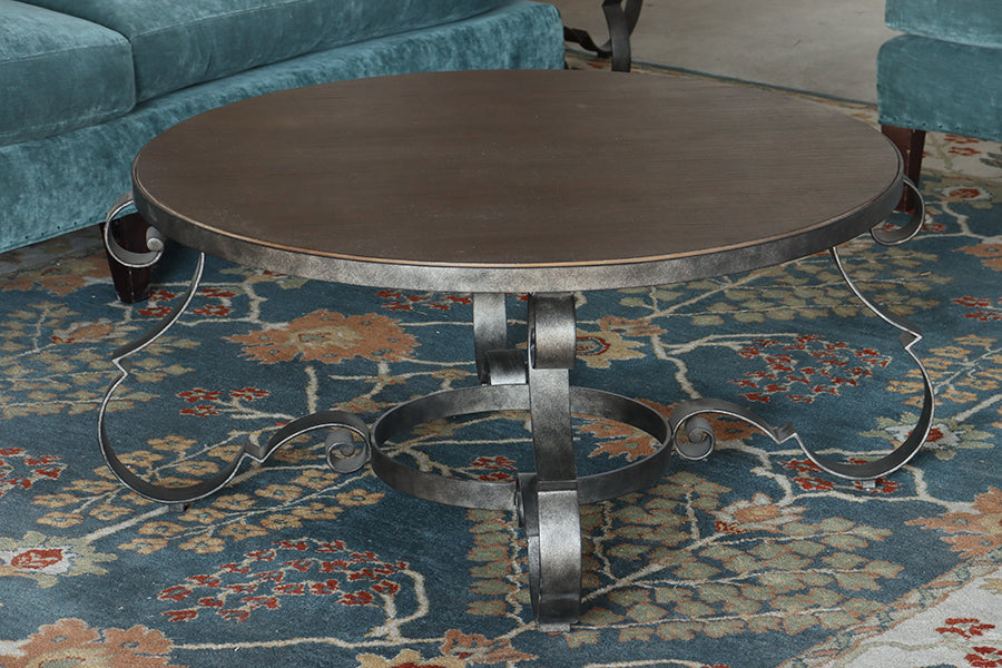 Scrolled Steel and Rustic Taupe Wood Coffee Table