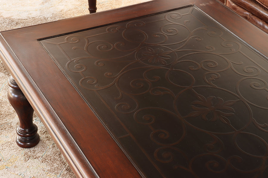 Cherry Coffee Table w/ Embossed Scrolled Metal Top