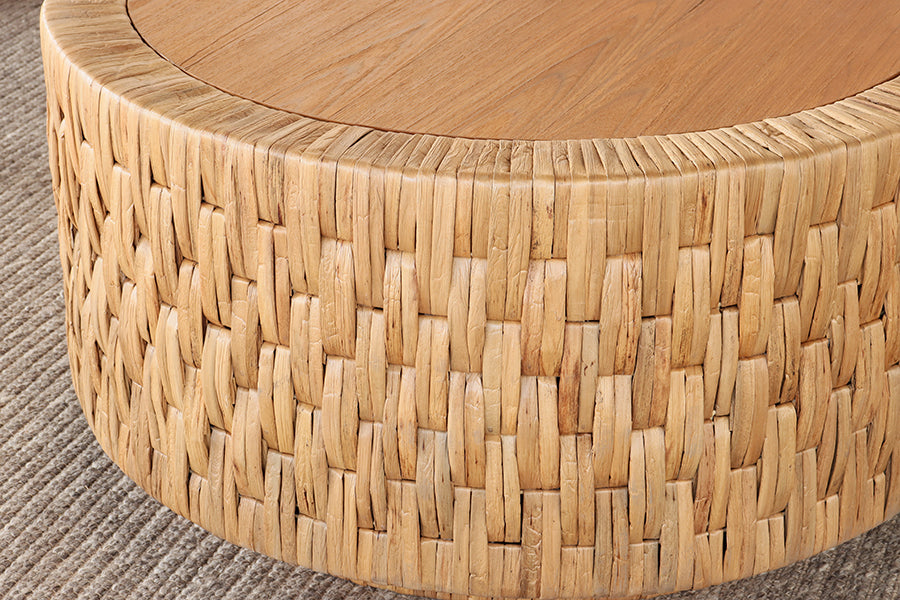 Round Woven Seagrass Coffee Table with Teak Top