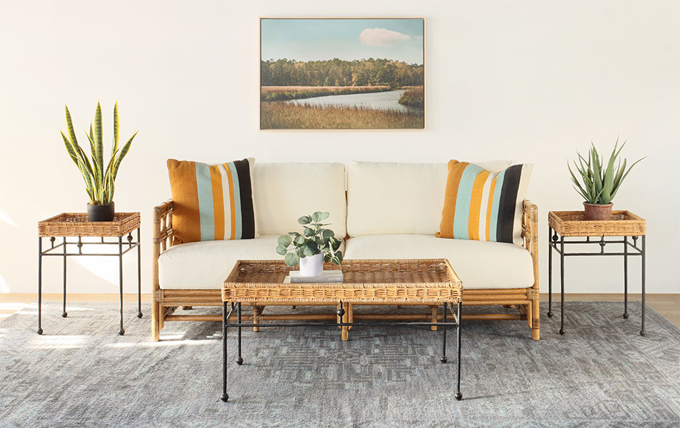 Wicker Coffee Table with Black Wrought Iron Base