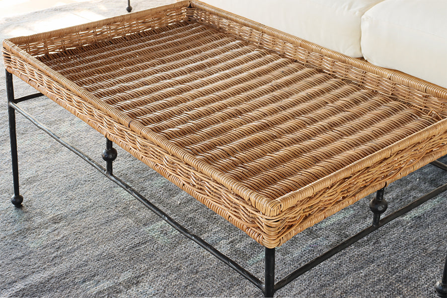 Wicker Coffee Table with Black Wrought Iron Base