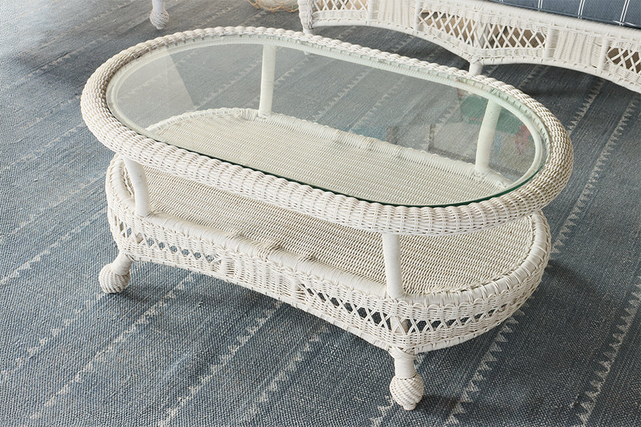 White Wicker Coffee Table with Glass Top