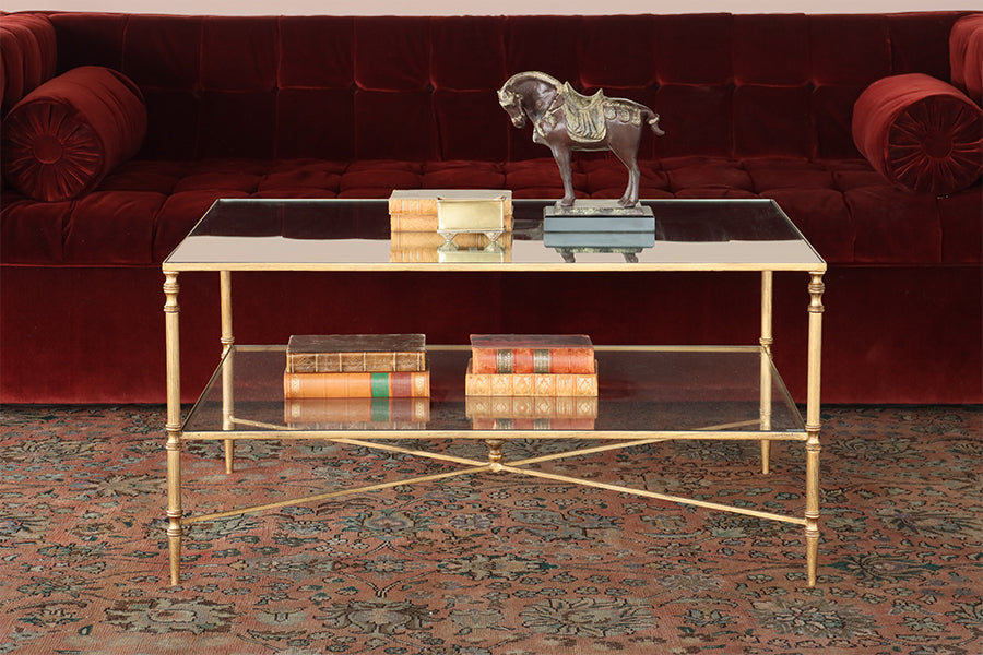 Gold Leaf Coffee Table w/ Mirror Top and Stretcher - Cleared