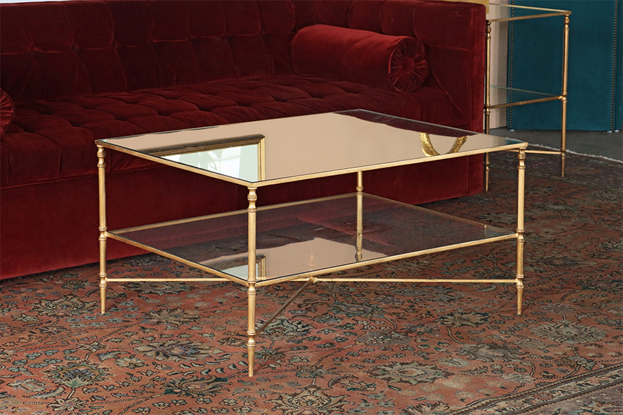 Gold Leaf Coffee Table w/ Mirror Top and Stretcher - Cleared