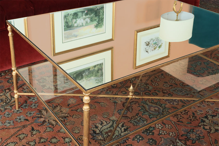 Gold Leaf Coffee Table w/ Mirror Top and Stretcher - Cleared