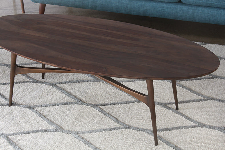 Walnut & Antiqued Brass Oval Coffee Table
