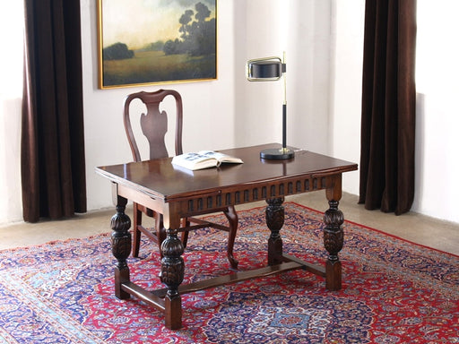 DK113 Ornate Carved Oak Draw Leaf Library Table, Circa 1960 