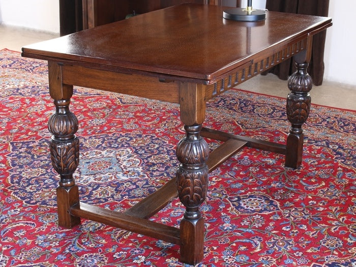 DK113 Ornate Carved Oak Draw Leaf Library Table, Circa 1960 
