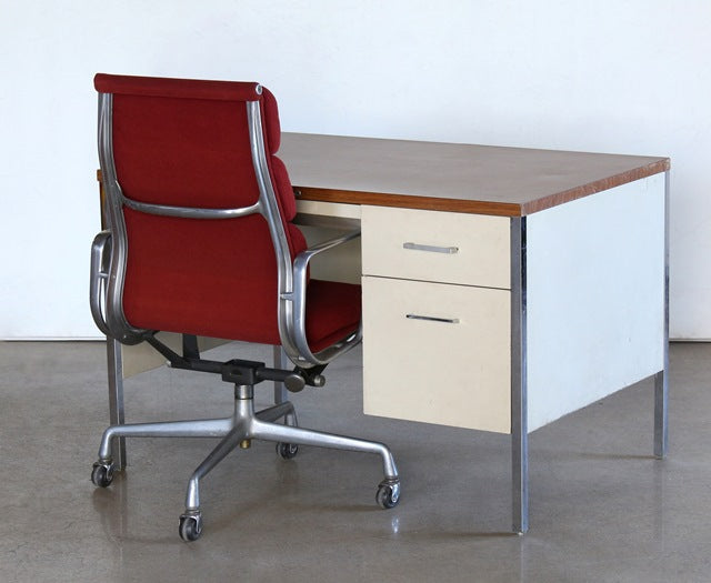 Beige Metal Desk with Woodgrain Top