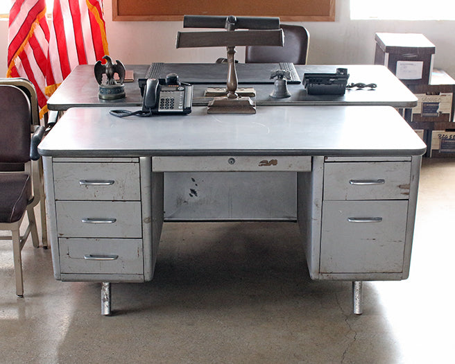 Gray Metal Desk with 5 Side Drawers