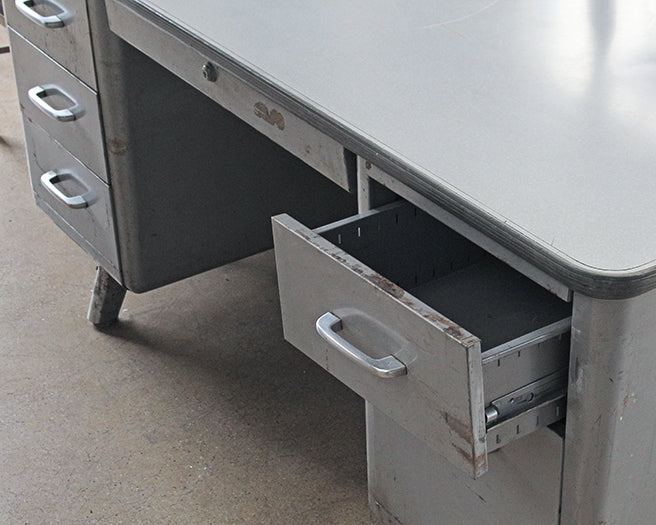 Gray Metal Desk with 5 Side Drawers