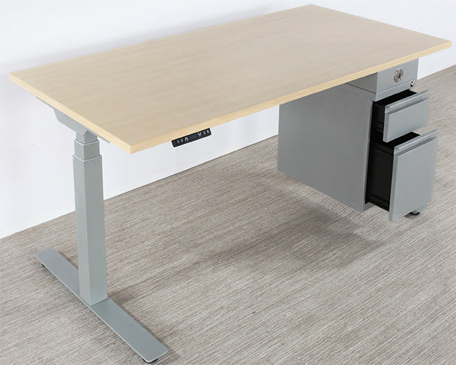 DK136 - Sit Or Stand Desk With Silver Base & Hanging Cabinet
