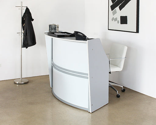 DK137 - Crescent Shaped White And Silver Reception Desk